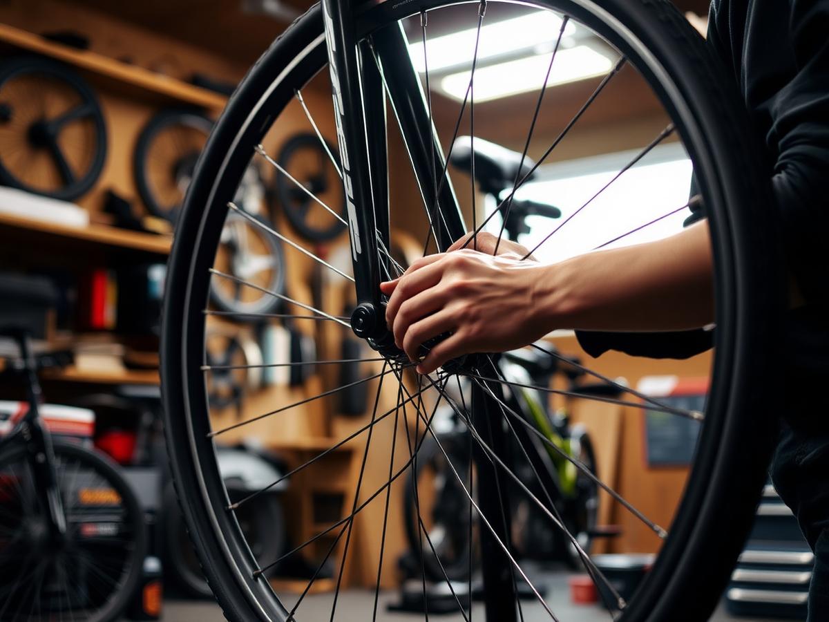 Hände beim Reparieren eines Fahrradrades
